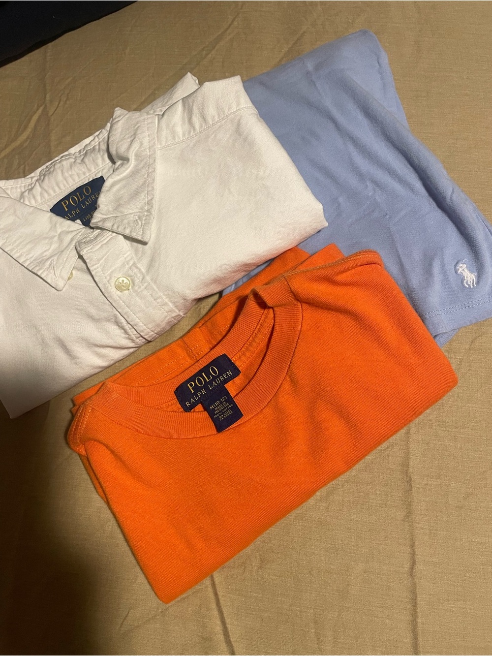 Polo by Ralph Lauren Three-Pack: Orange Crewneck, White Polo, Light Blue Tee